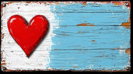 Wall Mural - Red heart on rustic blue and white wood sign. Grunge texture, distressed wood background. Romantic, Valentine's Day theme. Perfect for love, romance