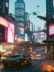 Leinwandbilder - Futuristic cityscape with advanced vehicles and neon lights at dusk. Generative AI