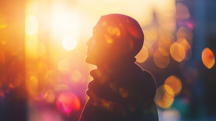 Poster - In an enchanting urban landscape during sunset, a young Muslim man in a hijab stands in reflection, deeply engaged in prayer. The warm glow of twilight surrounds him, symbolizing tranquility