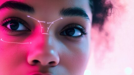 Poster - Close up of a person with highlighted facial lines in a colorful light setting showcasing beauty and expression. Generative AI
