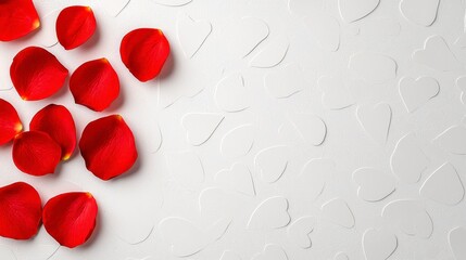 Poster - Red rose petals scattered on a light gray textured background. Top view flat lay. Romantic and delicate image with copy space