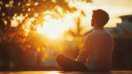 Aufkleber - Basking in the warm glow of sunset, a young muslim man sits peacefully in a serene outdoor spot, focusing on prayer and connection with God amidst nature's beauty
