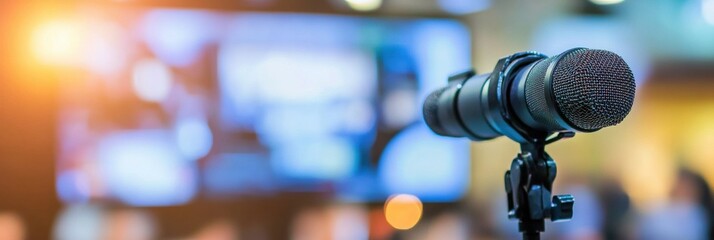 Leinwandbilder - Professional microphone set up for a conference during the evening at a modern venue with bright lighting. Generative AI