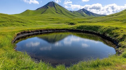 Poster - A serene landscape featuring a small, still pond reflecting the sky and lush green hills under a partly cloudy sky. The pond is surrounded by vibrant