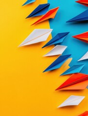 Fototapete - Group of paper planes flying in one direction with one individual pointing in another direction for creative business ideas. Generative AI
