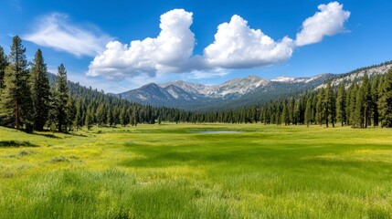 Poster - Vibrant green meadow with wildflowers, a calm pond, and a backdrop of majestic mountains under a partly cloudy blue sky. The scene is bathed in