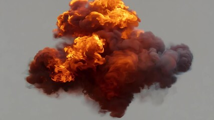 Wall Mural - Dynamic 3D aerial explosion animation featuring realistic fire embers smoke effects alpha transparency perfectly designed VFX integration multimedia film production projects