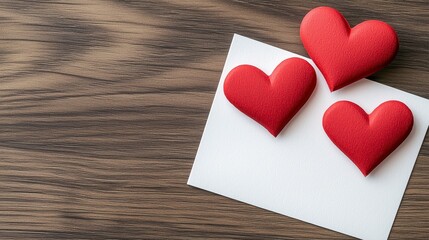 Wall Mural - Three red felt hearts rest on a blank white card atop a rustic brown wooden surface. The image offers ample copy space