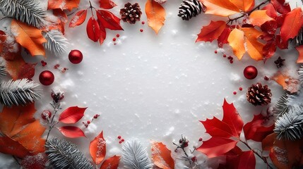 Wall Mural - Festive autumn leaves snow frame, winter holiday background, greeting card