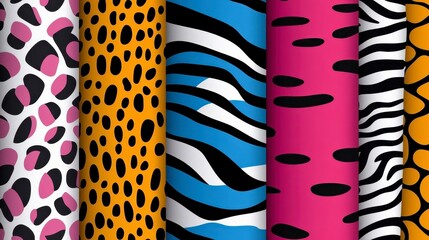 Poster - Vibrant animal print patterns in pink, orange, blue, and black. Seamless textures featuring animal prints, stripes, and spots. Bold, graphic designs