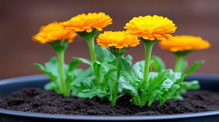 Wall Mural - Vibrant orange marigold flowers in a dark pot, close up view highlighting water droplets on petals and leaves. Dark background accentuates the