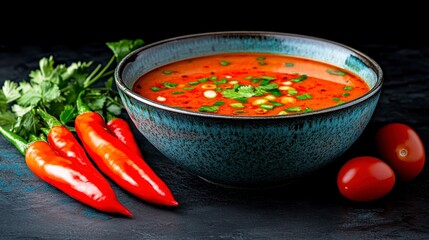 Sticker - A vibrant bowl of red tomato soup garnished with green onions and cilantro, sits on a dark background next to red chili peppers and cherry tomatoes