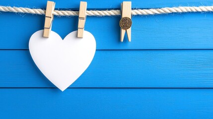 Wall Mural - A white heart shaped paperclip attached to a rope against a blue wooden background. A simple, romantic image suitable for Valentine's Day or other