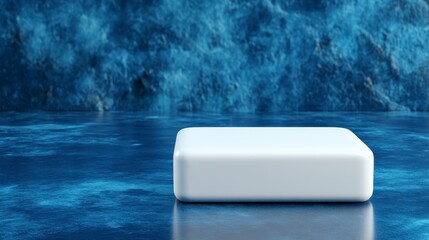 Wall Mural - A white rectangular block rests on a reflective dark blue surface against a blurred blue textured backdrop. The scene is minimalistic and modern