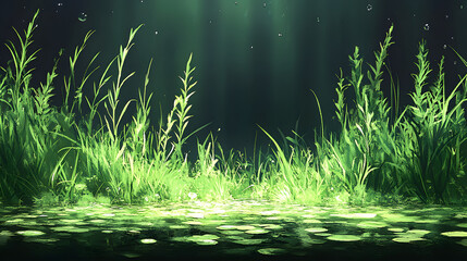 Poster - A serene underwater scene featuring lush green grass and lily pads illuminated by soft, filtering light from above