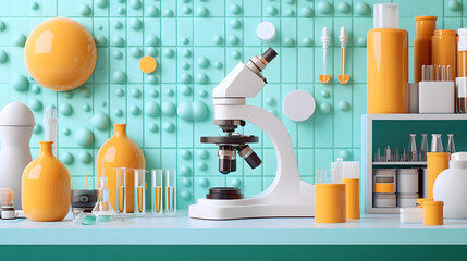 Poster - A colorful laboratory scene featuring a microscope, lab glassware, and vibrant decor, highlighting a creative scientific workspace