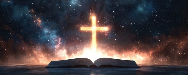 Wall Mural - bible with glowing cross emerging from its center, set in a serene cosmic setting, beams of light sp