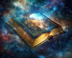 Wall Mural - glowing bible surrounded by holographic symbols of faith, suspended in a tranquil cosmic background,