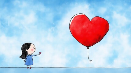 Wall Mural - Watercolor illustration of a girl offering a flower to a large red heart shaped balloon against a light blue sky. Simple, childlike style