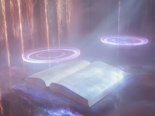 Wall Mural - spiritual bible scene, pages glowing with soft light, surrounded by ethereal holographic halos, radi
