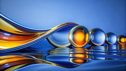 Poster - Abstract Blue and Gold Wave Forms with Reflective Spheres
