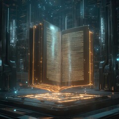Wall Mural - transparent bible with glowing text, hovering in a futuristic sanctuary, celestial symbols surroundi