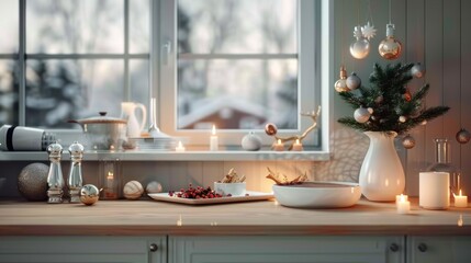 Wall Mural - Scandinavian Christmas Kitchen with Festive Decorations for the Holidays and New Year. Wishing You Happy Holidays!