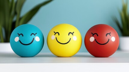 Wall Mural - Three painted spheres with happy faces, blue, yellow and red, arranged on a shelf against a light blue background with plants out of focus