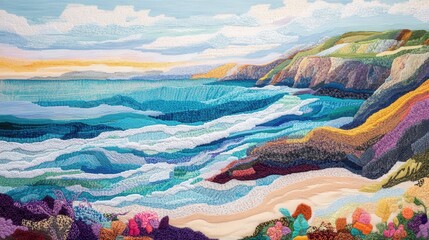 Canvas Print - Charming coastal vista, soft yarn cliffs, vibrant woven waves, serene atmosphere, inviting seaside beauty, tranquil escape