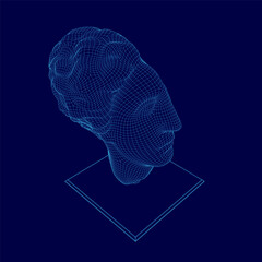 Poster - A blue image of a half woman's head statue. The image is a computer generated rendering of a woman's face. The woman's face is shown in a 3D format, with a blue background