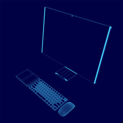 Poster - A computer monitor on a desk with a keyboard and mouse. The monitor is blue and the keyboard