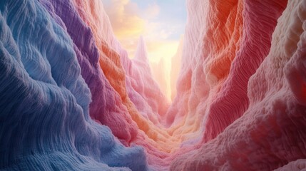 Poster - Yarn Canyon with Soft Textures, Glowing Knitted Sky, Vibrant Layers Intertwined, Dreamy Atmosphere, Whimsical Landscape