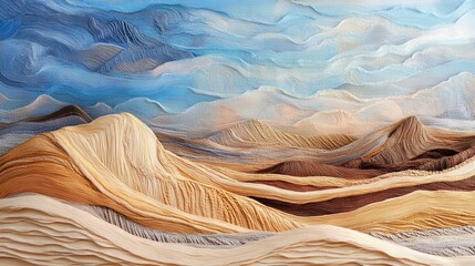 Poster - Textured yarn landscape, undulating sand dunes, woven hues of the sky, abstract artistry, vibrant colors, immersive visual experience