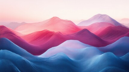 Poster - Woven Peaks, an abstract representation of a yarn mountain range with textured skies and softly illuminated summits, evoking warmth and creativity