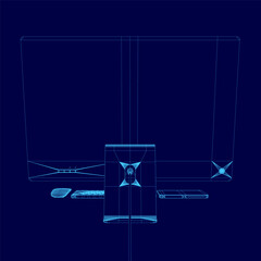 Poster - A blue image of a computer monitor with a keyboard and mouse. Concept of a workspace or a home office. Back view