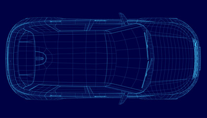 Poster - A car is shown in a blue color with a futuristic look. The car is shown in a 3D format, giving it a sleek and modern appearance. Concept of innovation and progress. Top view