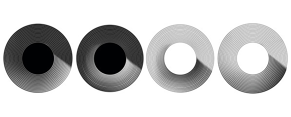 Poster - Circular glowing spiral rhythm sound wave of lines. Set of round black white geometric stripes in the form of spiral waves.