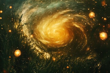 a surreal fantasy background with swirling galaxies and glowing orbs
