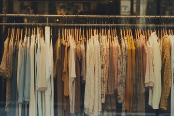 Poster - Various clothing displayed on hangers outside a boutique shop during daylight hours. Generative AI