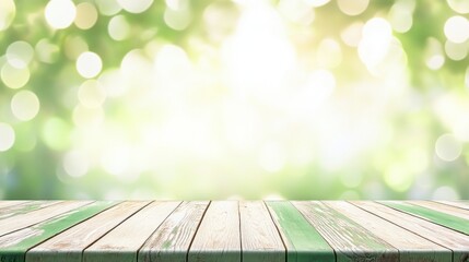 Wall Mural - Sunlit wooden planks offer a rustic display platform against a soft, green bokeh background