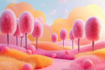 Wall Mural - Pink fluffy trees, sunset hills, whimsical landscape, children's book