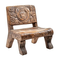 Intricately Carved Wooden Chair with Ancient Tribal Patterns and Rustic Finish