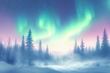 Poster - Northern lights illuminate a tranquil winter forest under a starry sky during twilight hours in a serene landscape. Generative AI