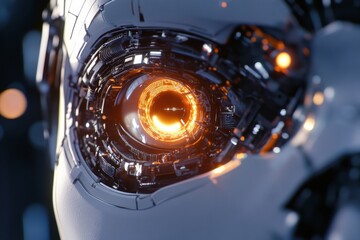 Leinwandbilder - Close up view of a futuristic robotic eye glowing softly amidst intricate circuits. Generative AI