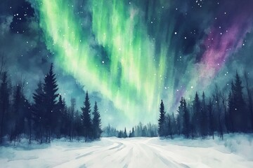 Poster - Northern lights illuminate snowy landscape at night with dark silhouettes of trees and a winding road. Generative AI