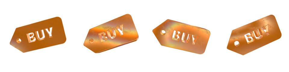 Poster - Set of 4 3d buy solid label shapes with golden and rainbow effects isolated on a transparent background. 3d elements for graphic design.