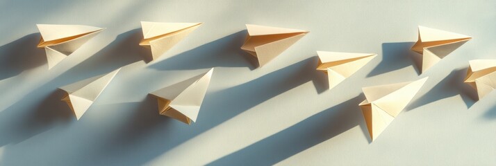 Fototapete - Group of paper planes flying in one direction while one individual points toward a different idea for innovation. Generative AI