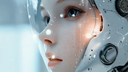 Poster - A humanoid robot face displays intricate features and emotional depth. Soft lighting reveals the unique blend of technology and vulnerability, inviting curiosity about the future of robotics.