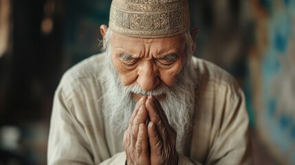 Poster - An elderly man with a long, white beard kneels in prayer, his hands clasped together in front of his face. The soft light highlights his deep contemplation and serenity in a sacred moment