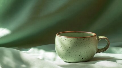 Green ceramic cup rests gently on soft fabric with sunlight casting playful shadows in a serene indoor setting